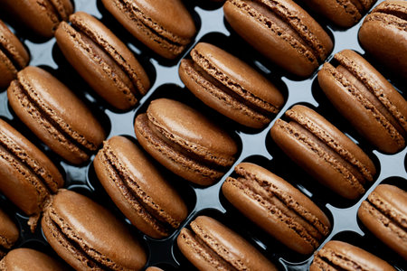 Chocolate-flavored French macarons are in the bakery.の写真素材