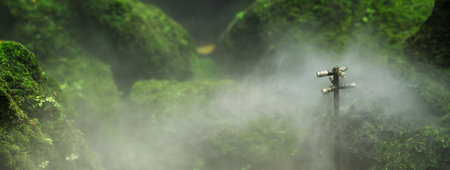 Steam spray with beautiful natural green moss.の写真素材