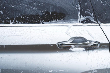 Outdoor car wash foam and soap abstract pattern , Banner Background Concept. Car Washing and Cleaning Backdrop with Copy Space.の写真素材