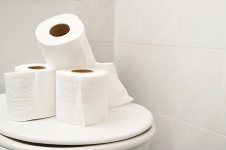 The tissue paper was placed on the toilet bowl in the bathroom.の写真素材