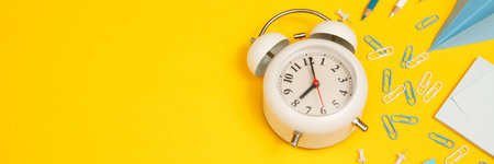 Concept of education top view white clock and accessories stationery learning in library at school yellow backgroundの写真素材