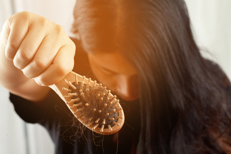 Rear view young woman worried about Hair loss problem, hormonal disbalance, stress concept. Many hair fall after combing in hair brush in hand. Female untangled her hair with a comb, Health careの写真素材
