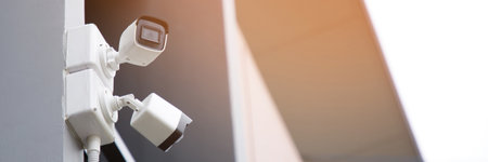 close up Multi-angle CCTV camera are installed in the green park public, concept CCTV camera...