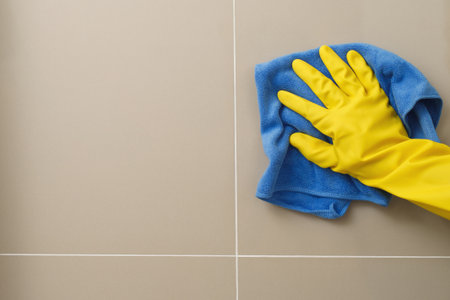 The housewife is using a cloth to clean the bathroom wall.の写真素材