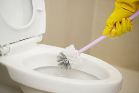 Housewives use brushes to clean the bathroom and take care of sanitary wares.の写真素材