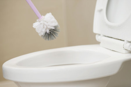 Housewives use a brush to clean the bathroom to remove dirt and take care of sanitary ware.の写真素材