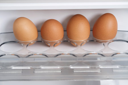 Organic eggs are in the fridge fresh from the farm ready for breakfast.の写真素材