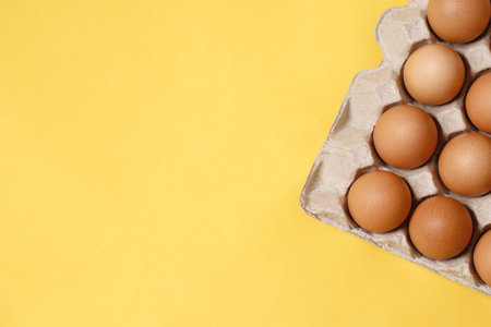 Chicken eggs in a cardboard box ready to cook on a yellow backgroundの写真素材