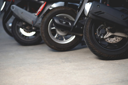 Close-up of a motorcycle, parking in a shopping mallの写真素材