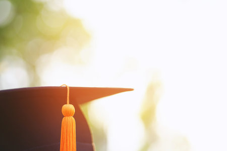 graduation, close up student hats in during commencement success graduates of the university, Concept education congratulation. copy space banner.の写真素材