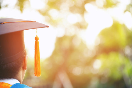 graduation, close up student hats in during commencement success graduates of the university, Concept education congratulation. copy space banner.の写真素材