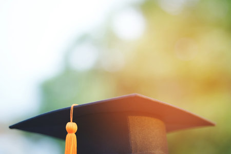 graduation, close up student hats in during commencement success graduates of the university, Concept education congratulation. copy space banner.の写真素材