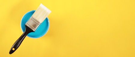 Paint cans and paint brushes and how to choose the perfect interior paint color and good for healthの写真素材