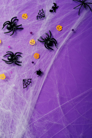 Happy Halloween banner mockup, pumpkins, bats and spiders on purple backgroundの写真素材