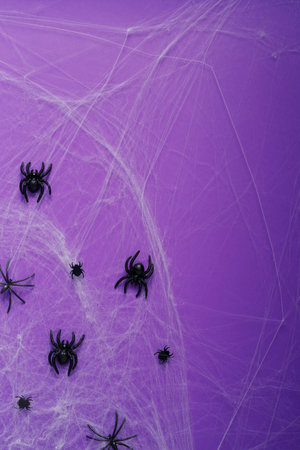 Happy Halloween banner mockup, pumpkins, bats and spiders on purple backgroundの写真素材