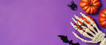 Happy Halloween banner mockup, pumpkins, bats and spiders on purple backgroundの写真素材