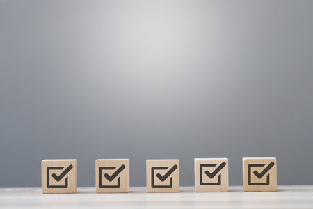 wood cube block with customer satisfaction rating to measure product evaluationの写真素材