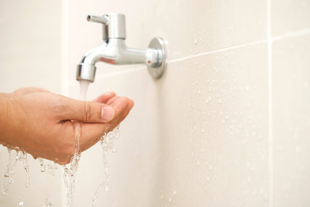 Male hand testing faucet strength from tap water in bathroom