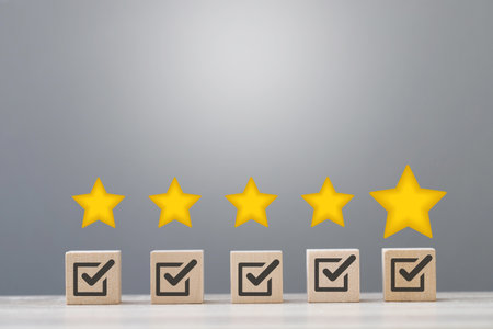 wood cube block with customer satisfaction rating to measure product evaluation
