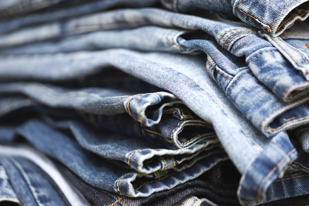 beautiful fashion jeans Stacked in layers at the jeans storeの写真素材