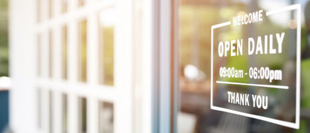 Welcome open sign on shop door. Text on cafe front or restaurant hang on door at entrance. vintage tone style. banner.の写真素材
