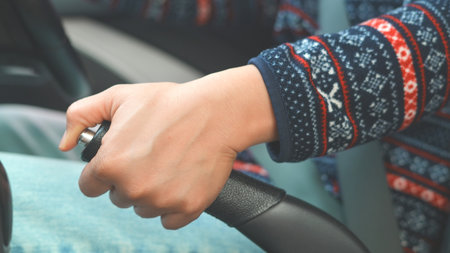 handbrake helps your car to stop while parked without having to keep your foot on the brake pedal.の写真素材