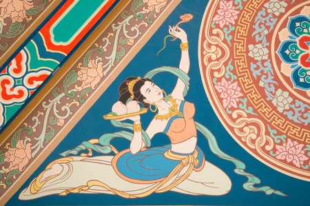 painting angel  on chinese temple roofの写真素材