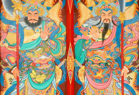tradition Chinese painting on Chinese temple door Rayong province Thailand