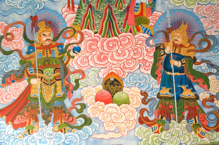 tradition Chinese painting on Chinese temple wall at Nakhonprathom province Thailandのeditorial素材