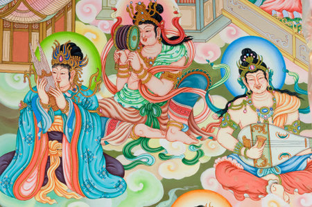 tradition Chinese painting on Chinese temple wall at Nakhonprathom province Thailandのeditorial素材