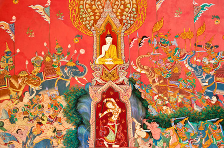 mural in native thai style painting on the wall of Buddhist church,Thailandのeditorial素材