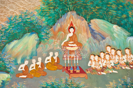 mural in native thai style painting on the wall of Buddhist church,Thailandのeditorial素材