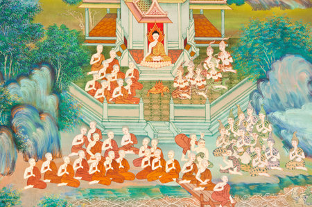 mural in native thai style painting on the wall of Buddhist church,Thailandのeditorial素材
