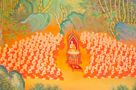 mural in native thai style painting on the wall of Buddhist church,Thailandのeditorial素材