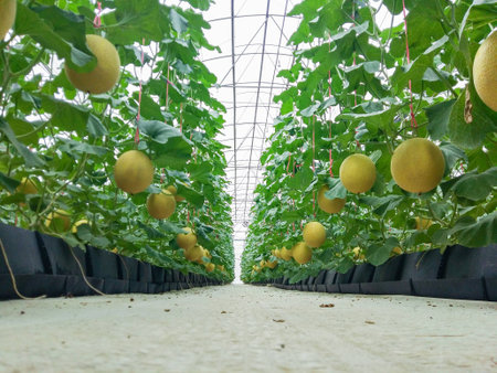 Cantaloupe melons growing in a greenhouse supported by string melon netsの写真素材