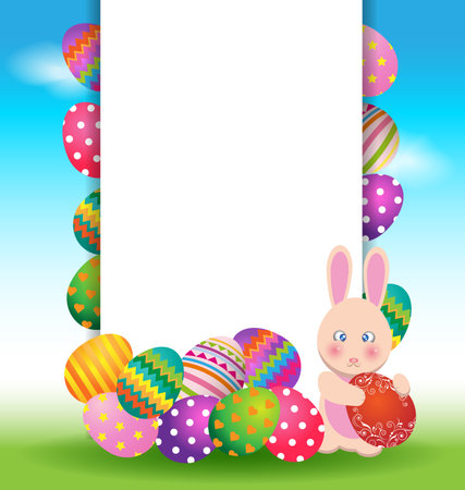 Colorful eggs and cute bunny for Easter day greeting cardのイラスト素材