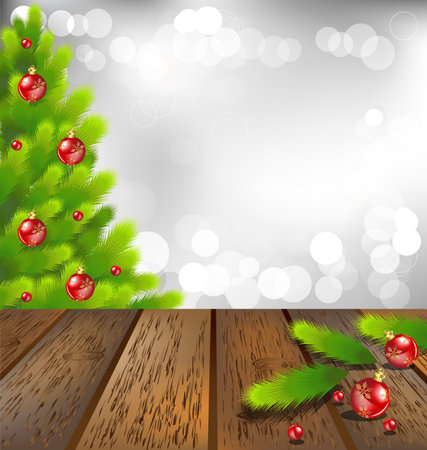 Wooden floor with Christmas tree on bokeh backgroundのイラスト素材