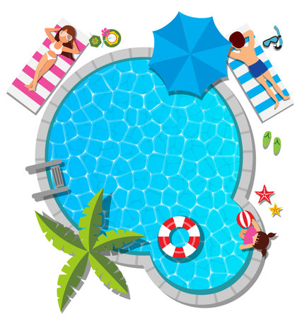 Young family relaxing at swimming pool for summer conceptのイラスト素材