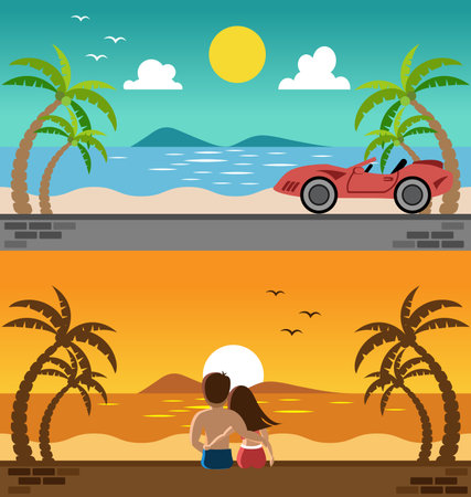Romantic lover watching sunset and sport car in the beaultful beachのイラスト素材