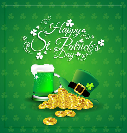 Green beer with hat on gold coin for  St. Patrick's Day card.のイラスト素材