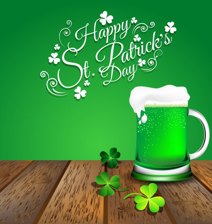 Green beer with Shamrock on wooden floor for St. Patrick's Day card.のイラスト素材