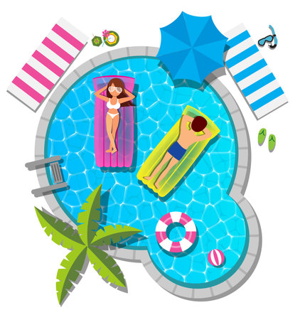 Couple relaxing on inflatable mattress at swimming pool for summer conceptのイラスト素材