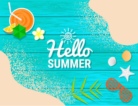 Sand, sunglasses, orange juice and shell on blue wooden for summer conceptのイラスト素材