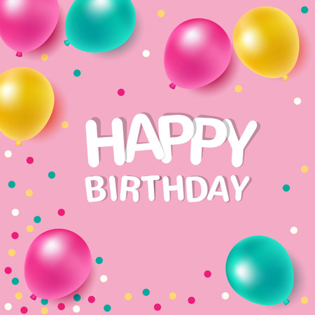 Colorful balloons with message on pink background for happy birthday celebrationのイラスト素材