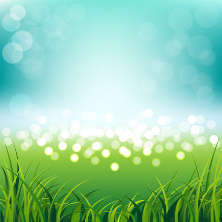 Beautiful blue sky with fresh spring grass background のイラスト素材