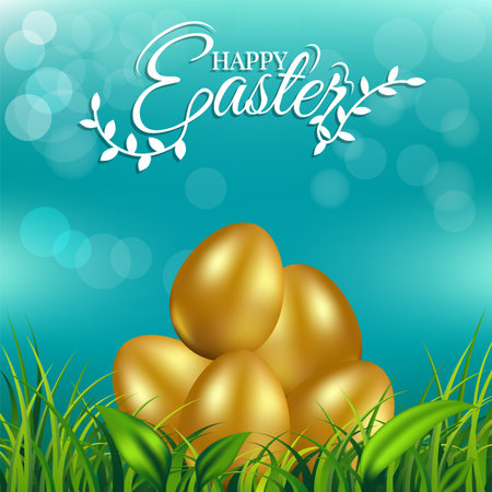 Gold eggs on fresh spring grass with text for Easter day greeting card vector illustrationのイラスト素材