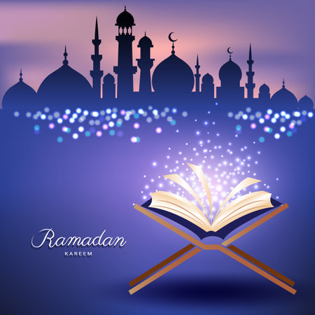 Muslim Quran with Mosque in sunset sky and abstract candles light for Ramadhan monthのイラスト素材