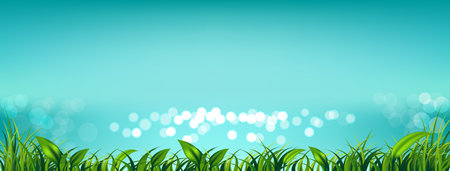 Blue sky with fresh green grass and light bokeh the sea for Spring or summer backgroundのイラスト素材