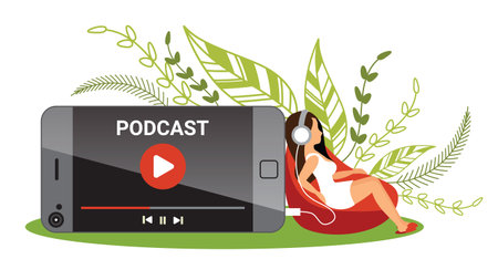 Woman is sitting at mobile and listening to podcasting for Podcast conceptのイラスト素材