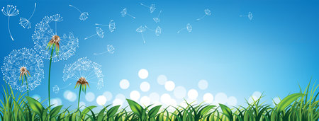 Dandelions on Blue sky with fresh green grass and light bokeh for Spring or summer backgroundのイラスト素材